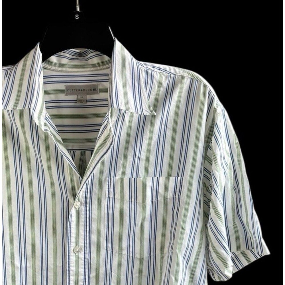 Cutter & Buck button front short sleeve Men’s shirt L multi stripe pocket Casual